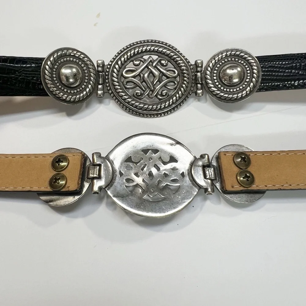 Enmon Black Embossed Leather Belt Silver Toned Filigree Conchos Womens size M